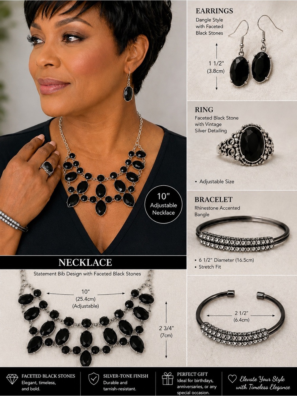 4pcs Elegant Black Faceted Stone Necklace & Earring Set